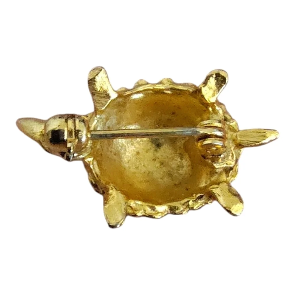 Vintage Gold Tone Green Enamel Turtle Brooch – Small Animal Pin